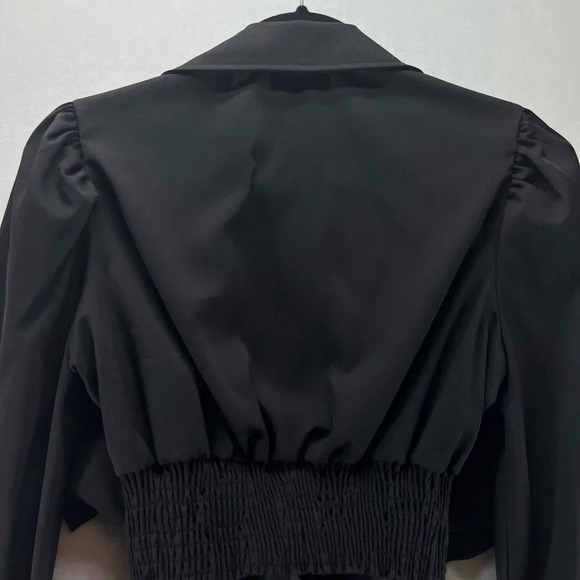 QED London Blouse Womens Sz 4 Tie Knot Cropped Long Sleeve Back Shirred Black - Picture 5 of 11